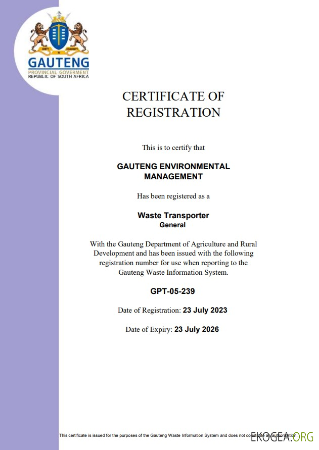 Certificat d'enregistrement en Afrique du Sud